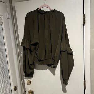 Olive Green Ruffle Sleeve Blouse